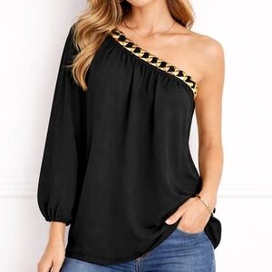 Julie Brown NYC Chiffon Sheer Black One Shoulder Blouse Gold Chain 100% Silk